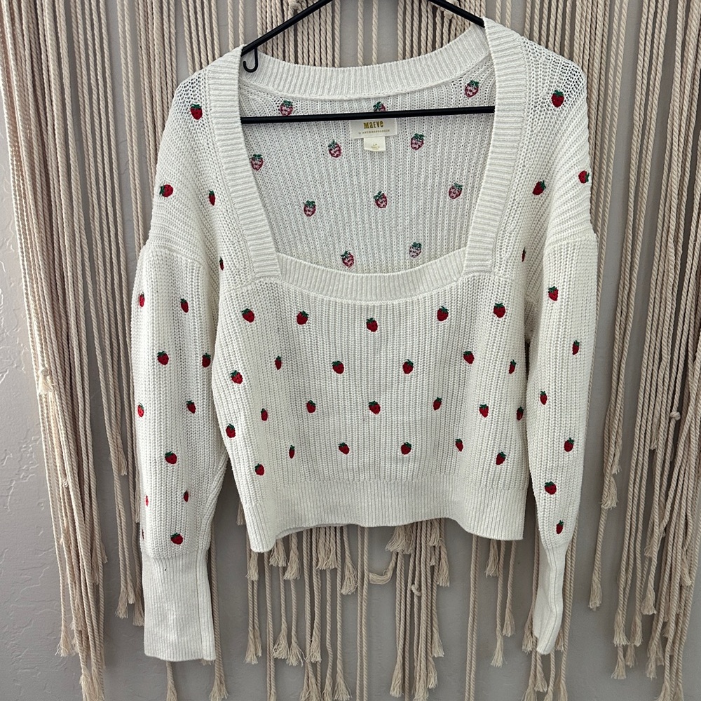 Maeve Cream Knit Sweater with Red Strawberry Dots